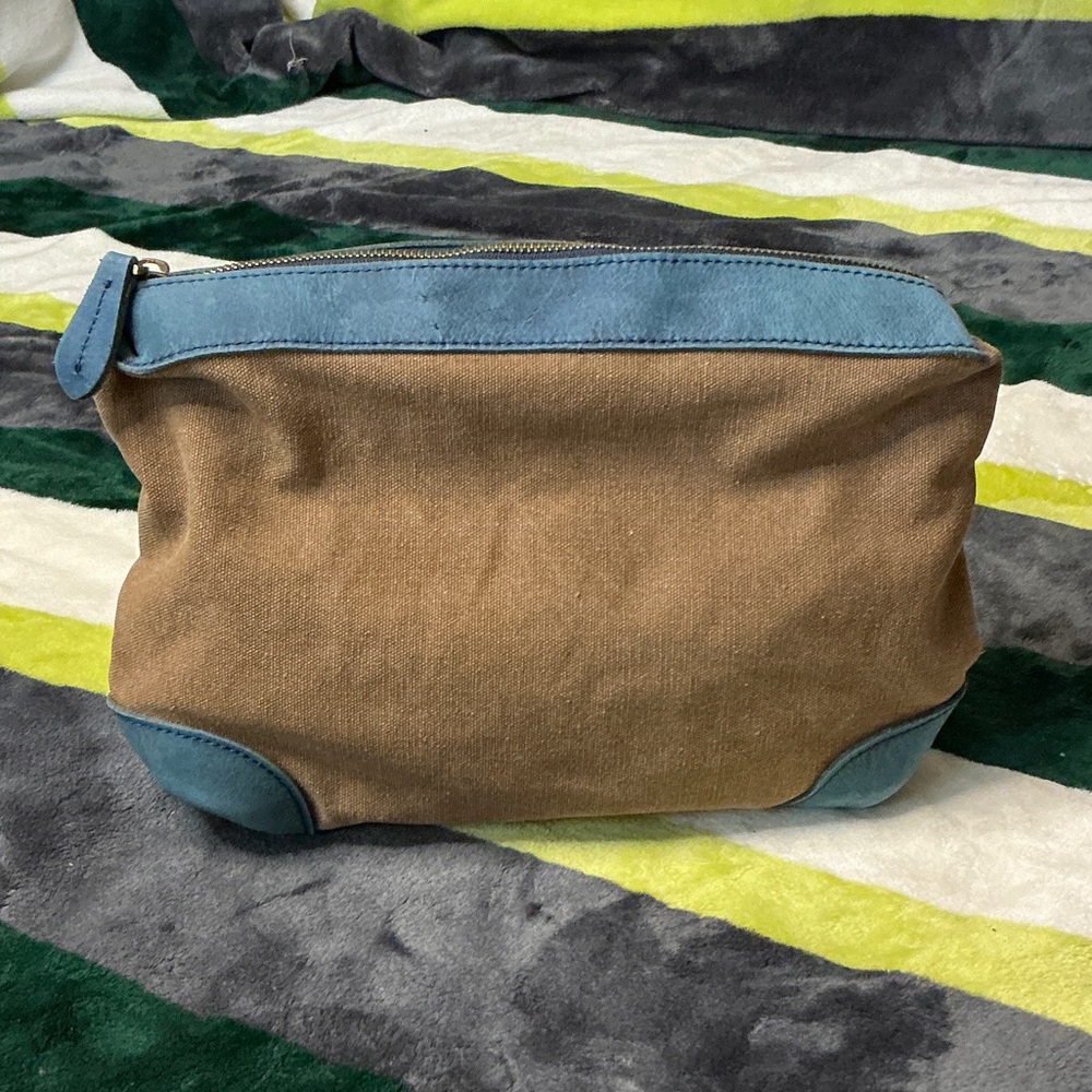 Brown Canvas Toiletry Bag with Blue Leather Trim